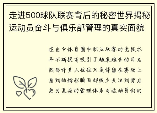 走进500球队联赛背后的秘密世界揭秘运动员奋斗与俱乐部管理的真实面貌